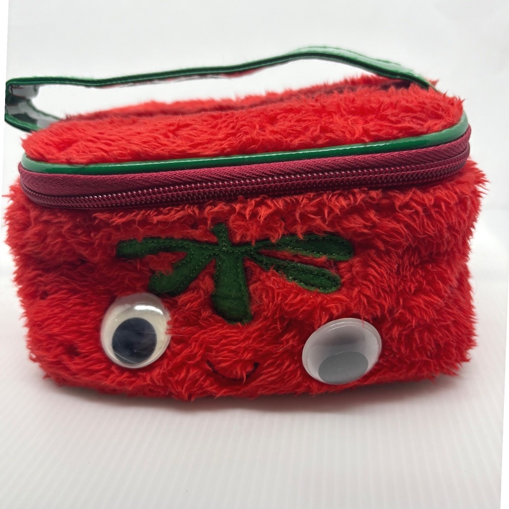 Claire's Red Fuzzy Tomato Makeup Bag Googly‎ Eyes Green Handle B-83727289